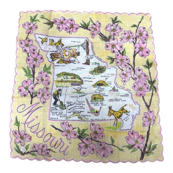 Vintage Missouri State Souvenir Handkerchief Illustrated Map Pink Dogwood Floral - Picture 1 of 6